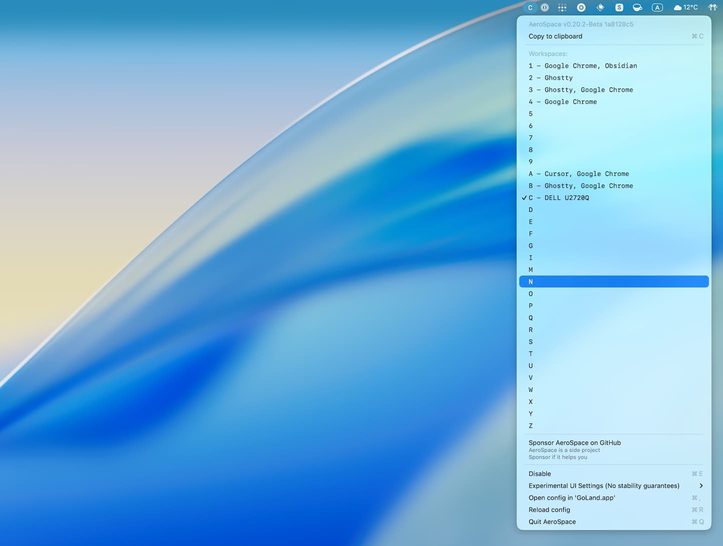 AeroSpace menubar showing workspaces